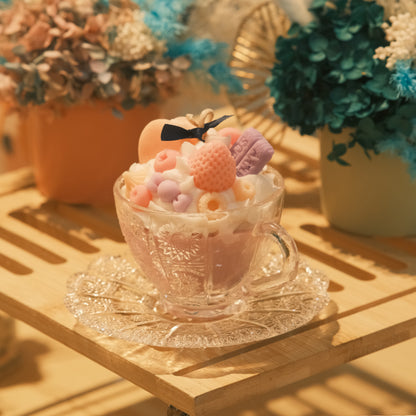 Miss Blooms Gourmet Teacup Candle Set styled in warm ambient light showing full teacup presentation