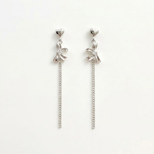 Dainty Heart And Bow Drop Rhodium Plated Sterling Silver Earring