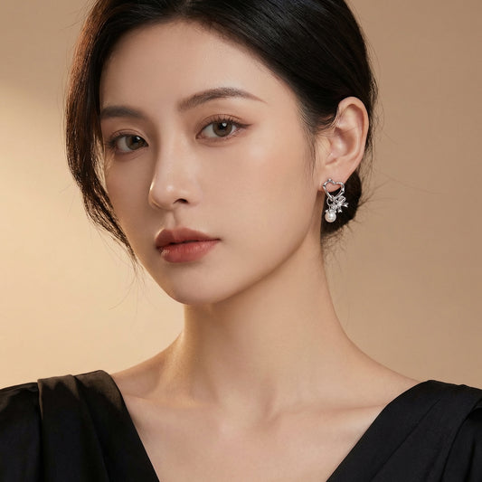 Romantic Heart Bow Pearl Silver Plated Earring