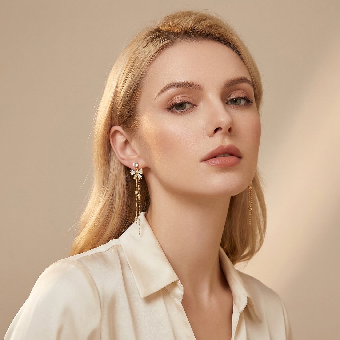 Elegant Zircon Bow Tassel Gold Plated Earring