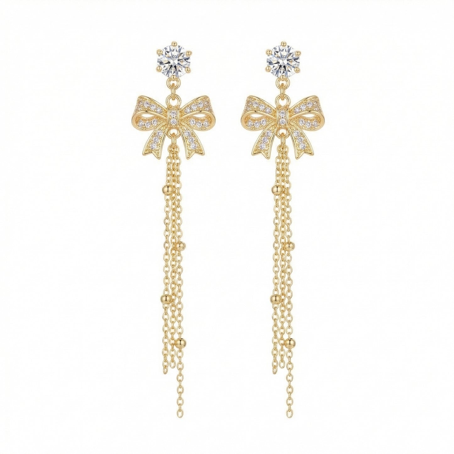 Elegant Zircon Bow Tassel Gold Plated Earring