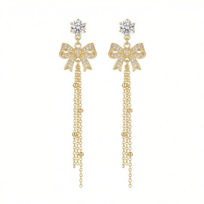Elegant Zircon Bow Tassel Gold Plated Earring