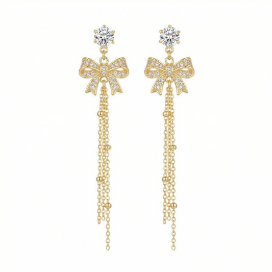 Elegant Zircon Bow Tassel Gold Plated Earring