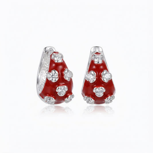 Crimson Red Flower Enamel Coating Rhodium Plated Earring