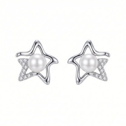 Celestial Star Pearl Zircon Rhodium Earring
