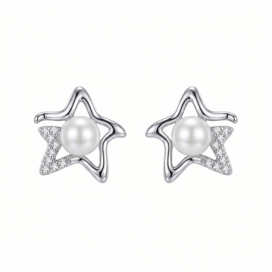 Celestial Star Pearl Zircon Rhodium Earring