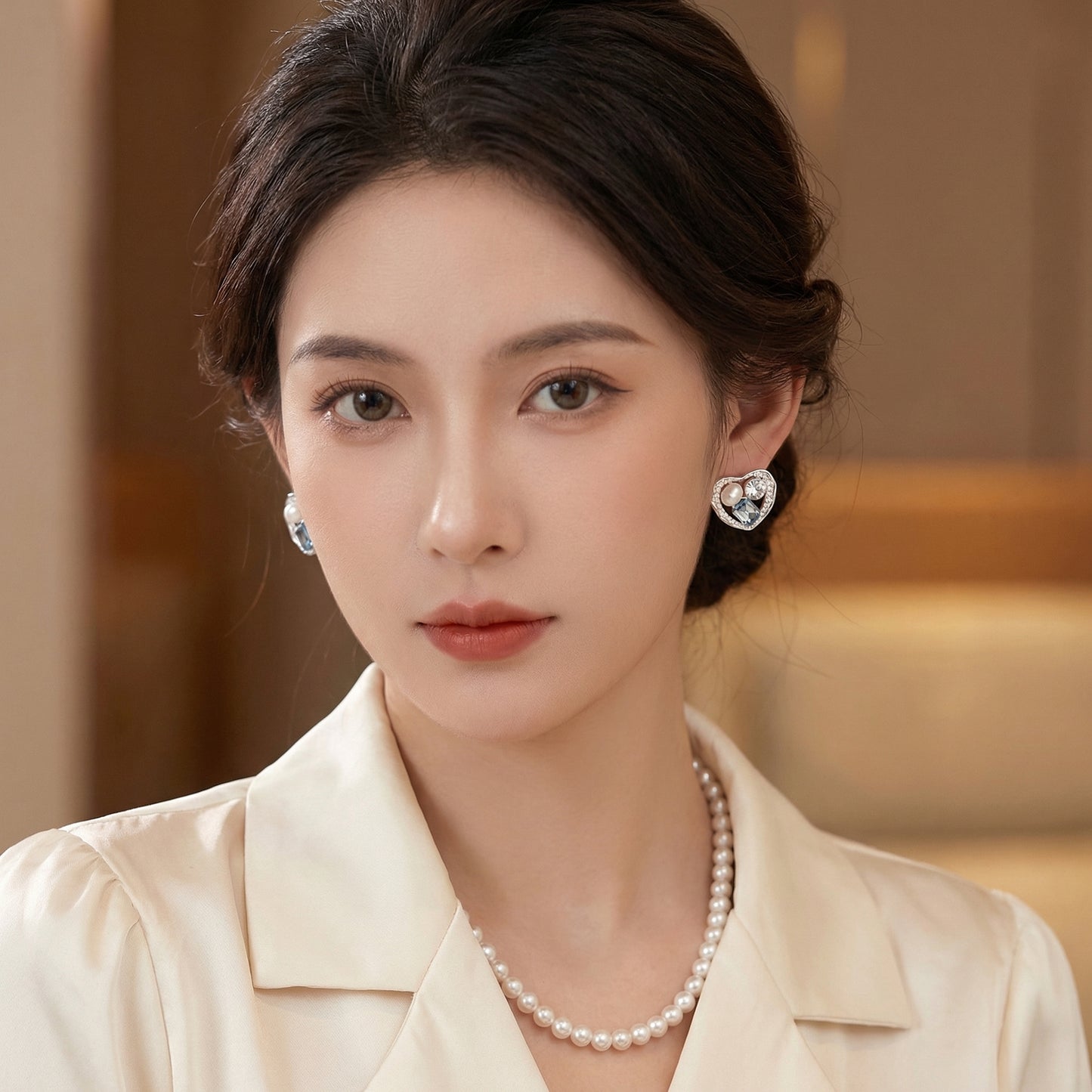 Romantic Pearl And Blue Zircon Heart Rhodium Plate Earring