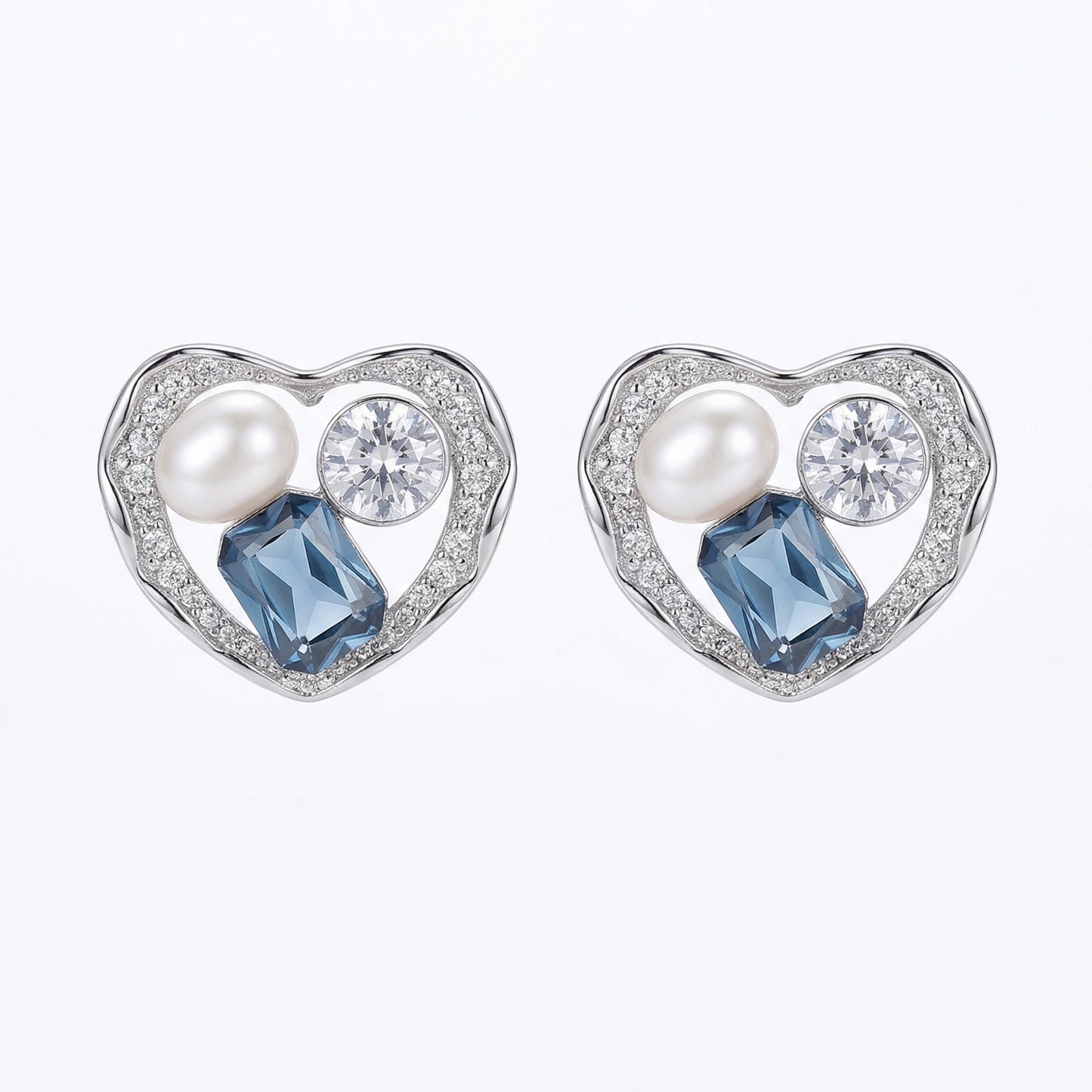 Romantic Pearl And Blue Zircon Heart Rhodium Plate Earring