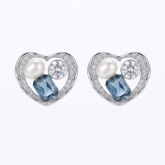Romantic Pearl And Blue Zircon Heart Rhodium Plate Earring
