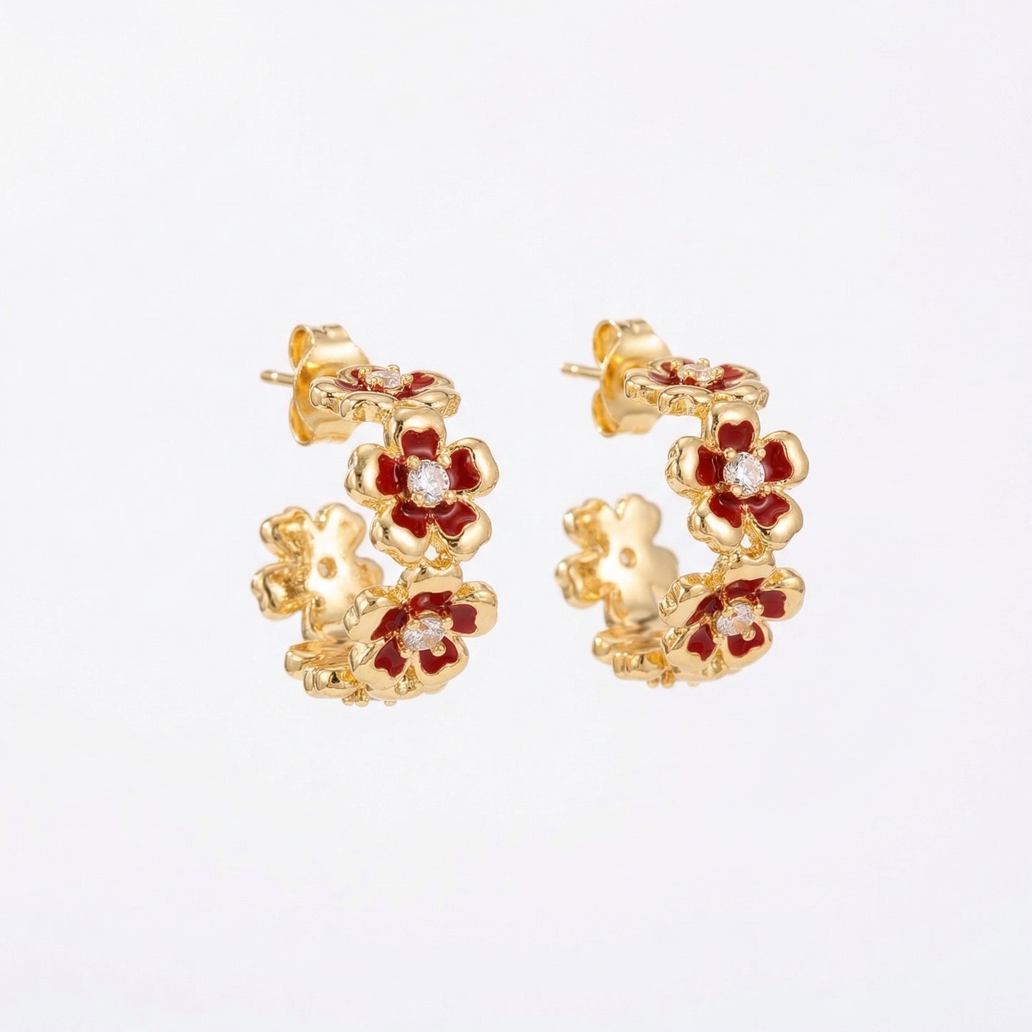 Red Enamel Floral Hoop Gold Plated Earring