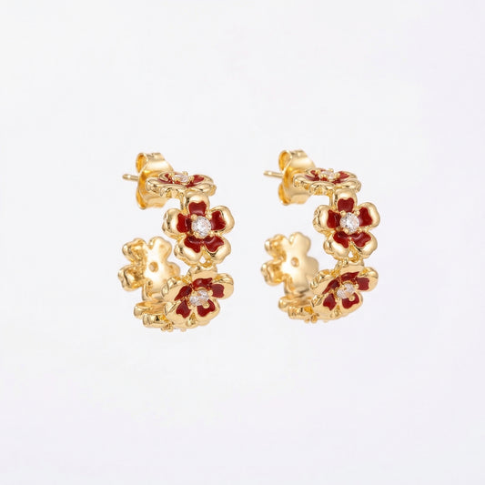 Red Enamel Floral Hoop Gold Plated Earring