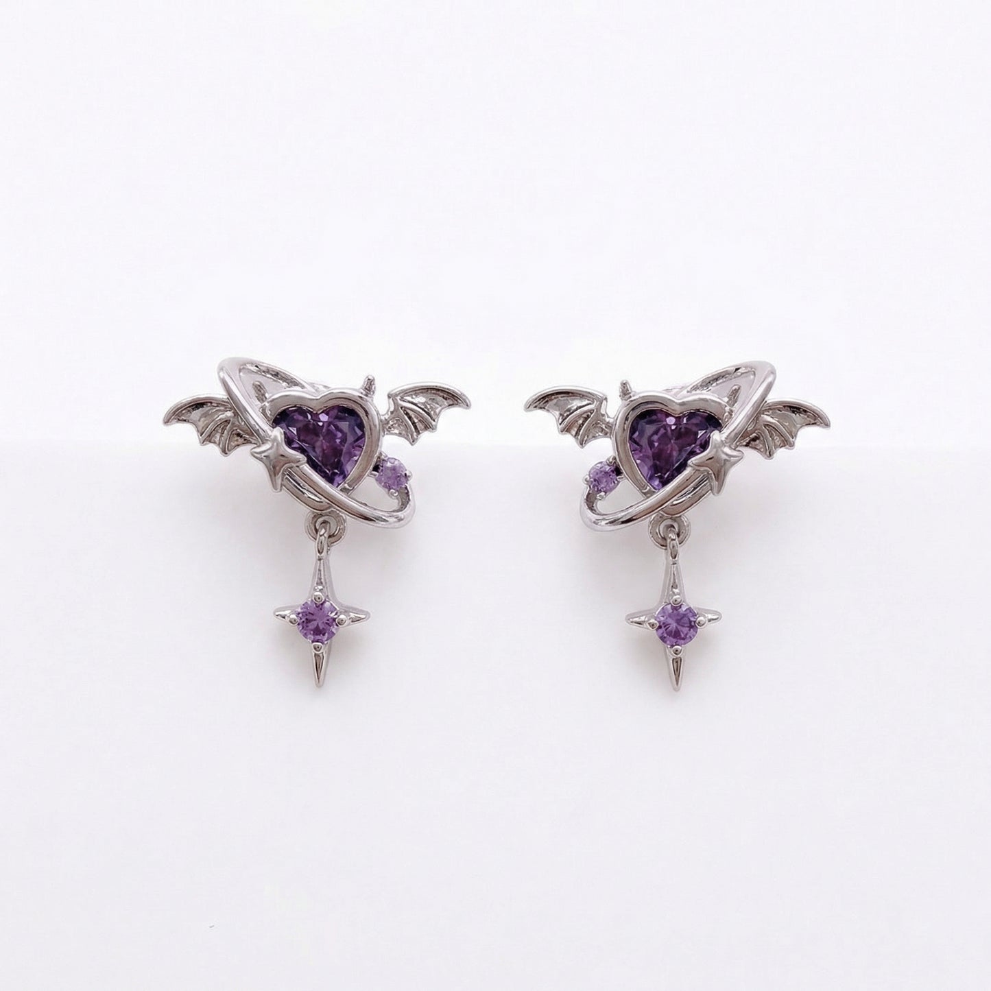 Gothic Bat Wing Purple Heart Zircon Rhodium Plated Earring