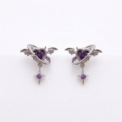 Gothic Bat Wing Purple Heart Zircon Rhodium Plated Earring