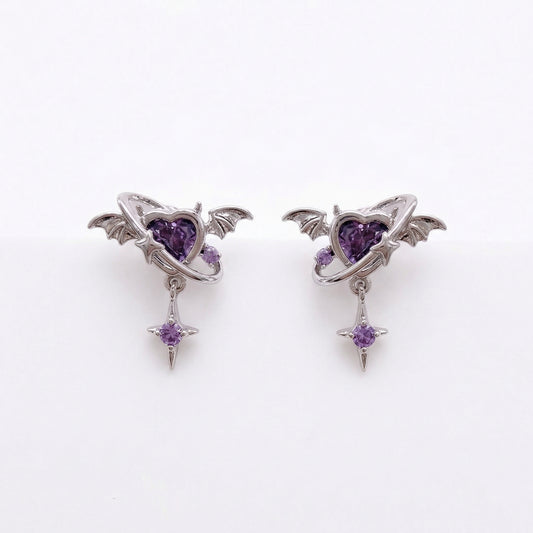 Gothic Bat Wing Purple Heart Zircon Rhodium Plated Earring