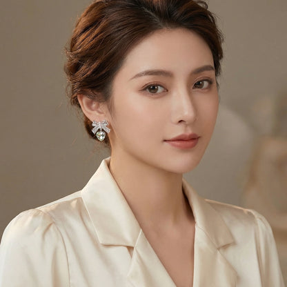 legant Lace Bow And Heart Zircon Rhodium Plated Earring