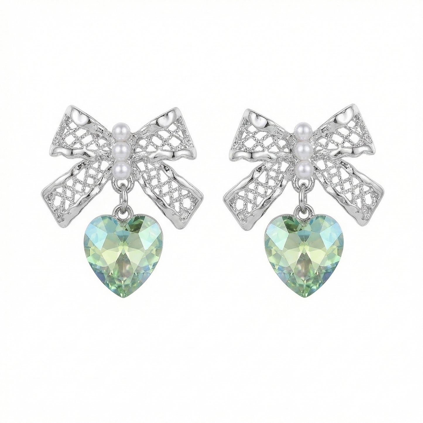 legant Lace Bow And Heart Zircon Rhodium Plated Earring