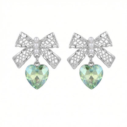 legant Lace Bow And Heart Zircon Rhodium Plated Earring