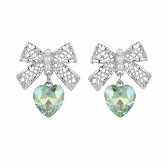 legant Lace Bow And Heart Zircon Rhodium Plated Earring