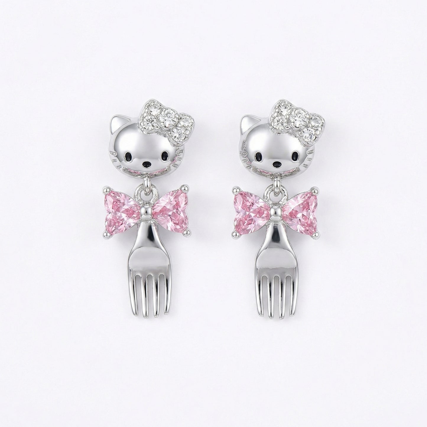 Silver Pave Cat and Fork Earrings with Pink Zirconia Bow
