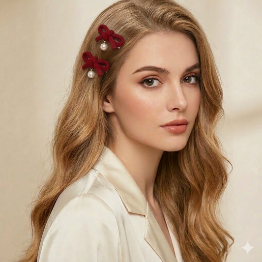 Red Velvet Bow Pearl Shape Drop Standard Hair Clip