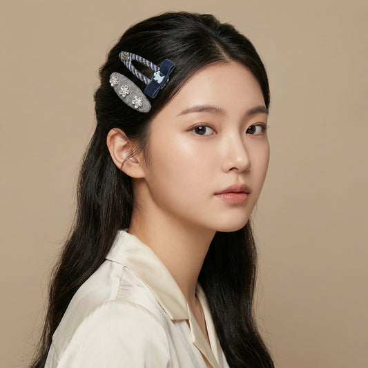 Preppy Terrier Bow And Zircon Flower Clip Set