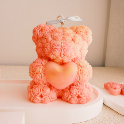 Miss Blooms Blossom Bear Candles showing rose petal texture detail on bear sculpture with heart