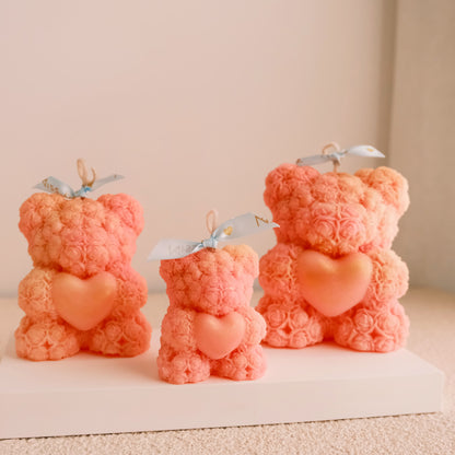 Miss Blooms Blossom Bear Candle Japanese Honeysuckle — three bear candles from the front showing heart detail