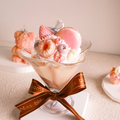 Miss Blooms Ice Cream Cup Candle close-up showing macaron, flower and strawberry wax details