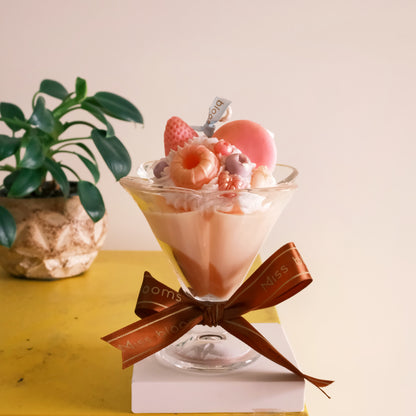 Miss Blooms Ice Cream Cup Candle side view showing tall sundae glass silhouette with decorative wax toppings