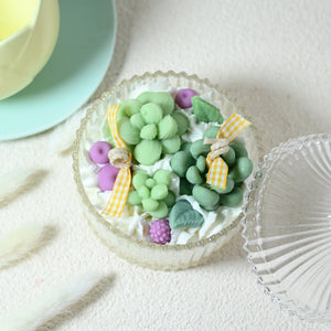 Miss Blooms Botanical Bowl Candle angled close-up — natural soy wax candle with succulent and berry decorations in ridged glass bowl, Canberra handmade