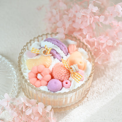 Miss Blooms Sweet Treats Bowl Candle with glass lid resting beside bowl, showing full decorated candle top