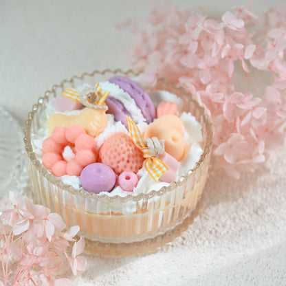 Side view of Miss Blooms Sweet Treats Bowl Candle in faceted crystal glass bowl
