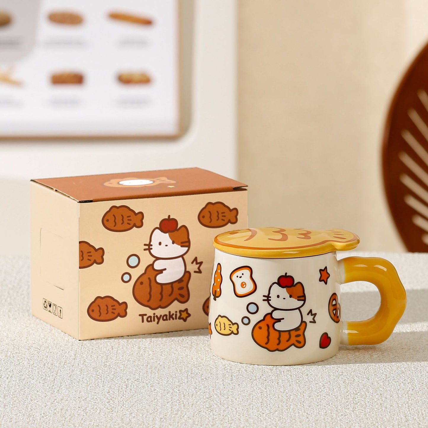 Taiyaki Cat Ceramic Mug with Lid