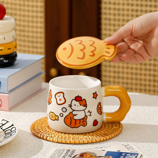 Taiyaki Cat Ceramic Mug with Lid
