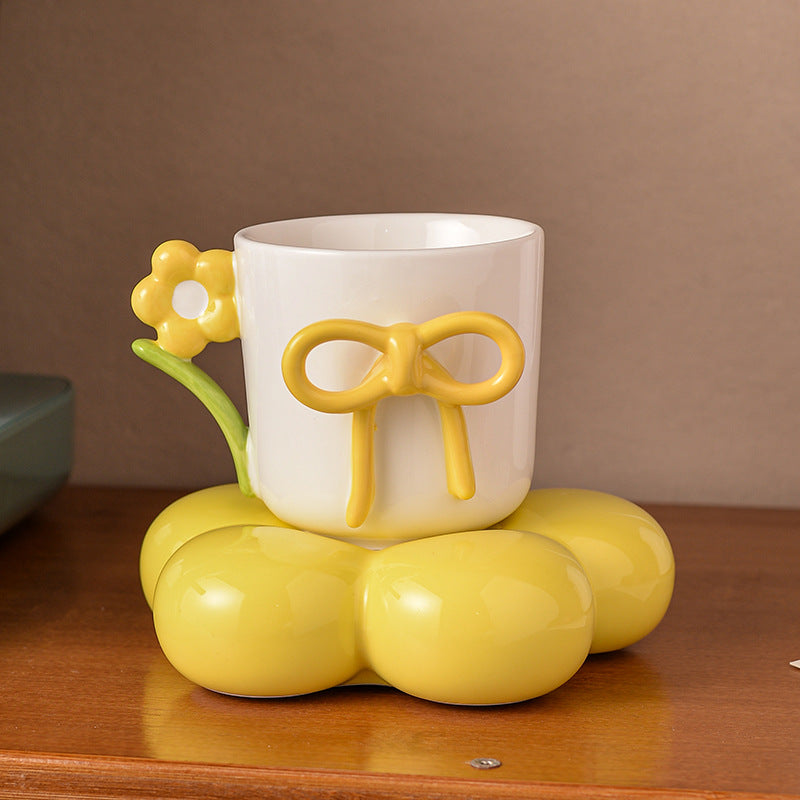 Cute Flower Base Ceramic Mug – Bow Knot Coffee Cup with Floral Handle