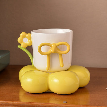 Cute Flower Base Ceramic Mug – Bow Knot Coffee Cup with Floral Handle