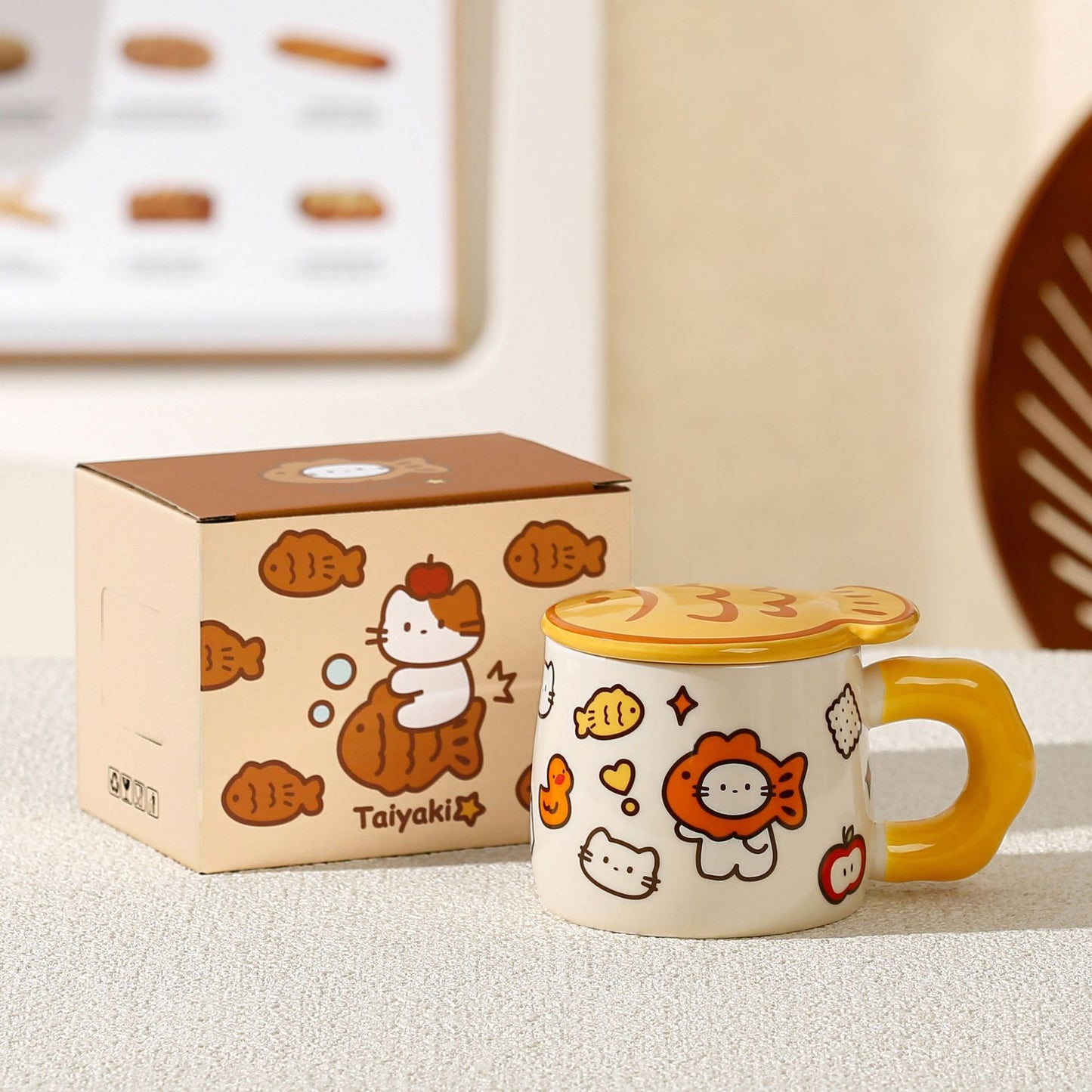Taiyaki Cat Ceramic Mug with Lid