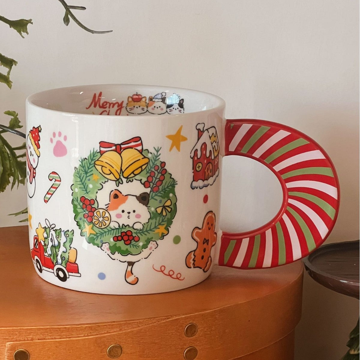 Christmas Kitty Mug – Cute Holiday Cat Ceramic Cup with Candy Cane Handle