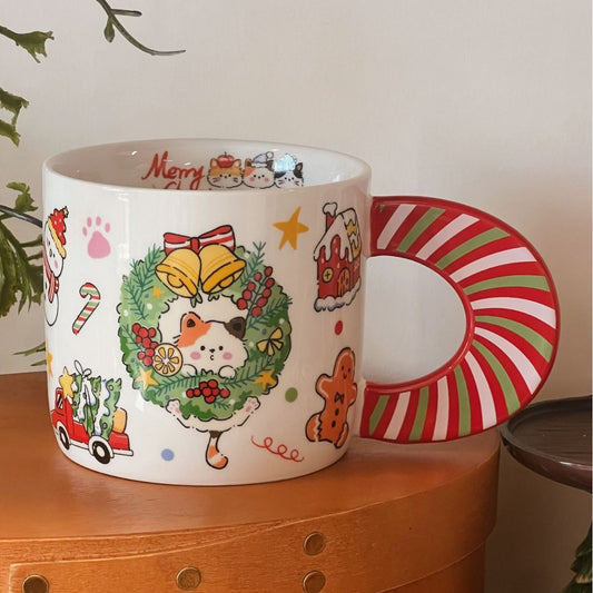 Christmas Kitty Mug – Cute Holiday Cat Ceramic Cup with Candy Cane Handle