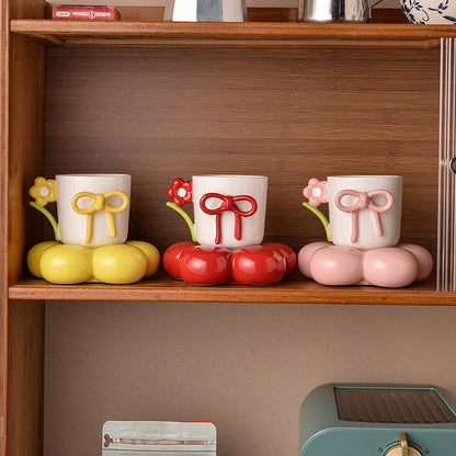 Cute Flower Base Ceramic Mug – Bow Knot Coffee Cup with Floral Handle