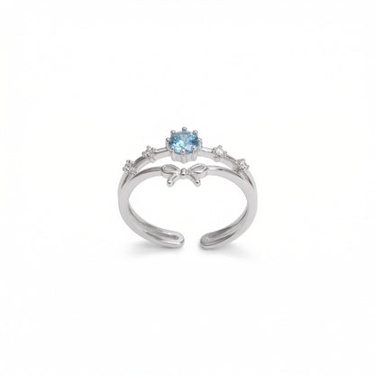 Double Band Bowknot And Blue Zircon Adjustable Gold Plated Ring