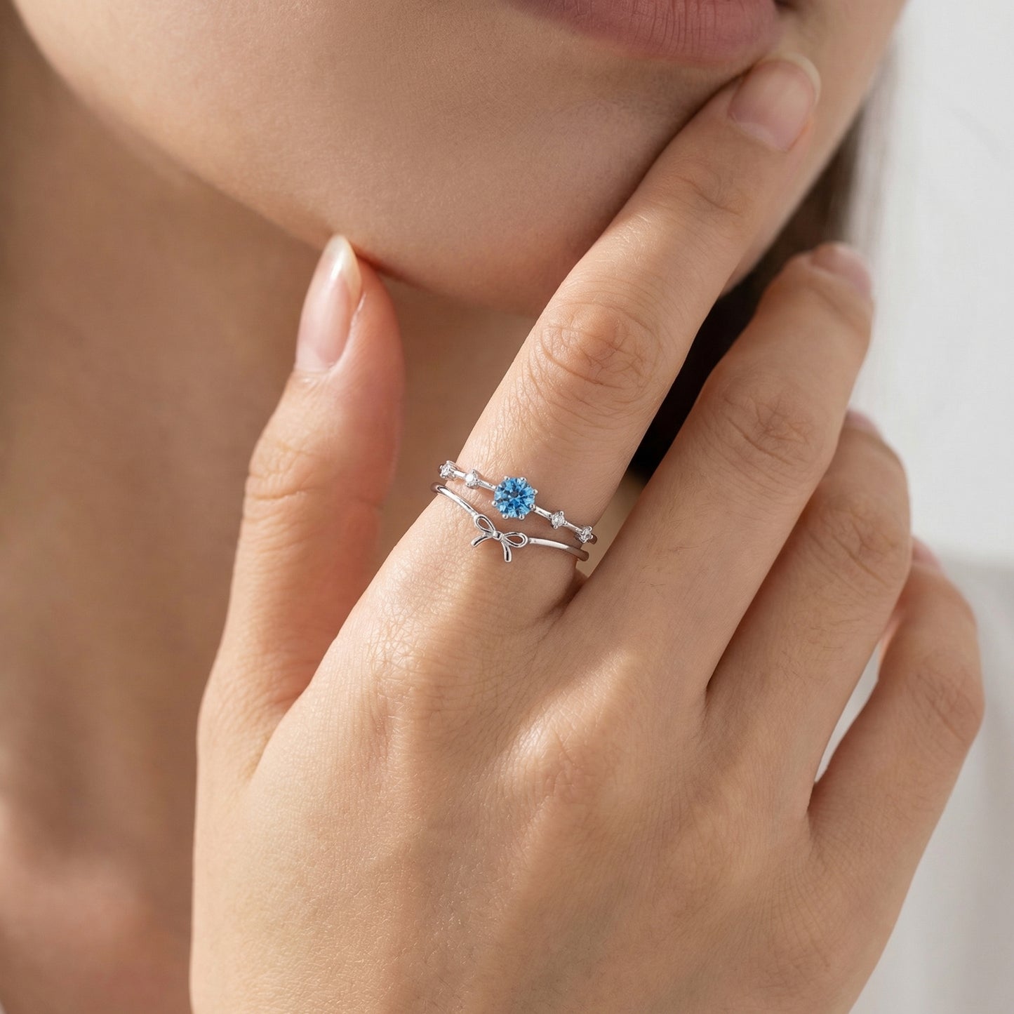 Double Band Bowknot And Blue Zircon Adjustable Gold Plated Ring