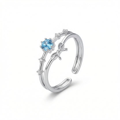 Double Band Bowknot And Blue Zircon Adjustable Gold Plated Ring