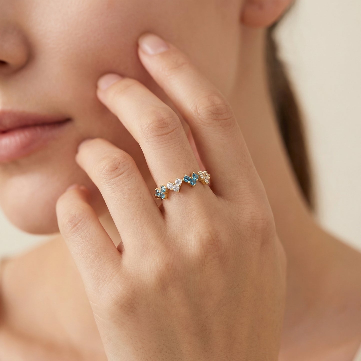 Alternating Blue Zircon Adjustable Gold Plated Ring