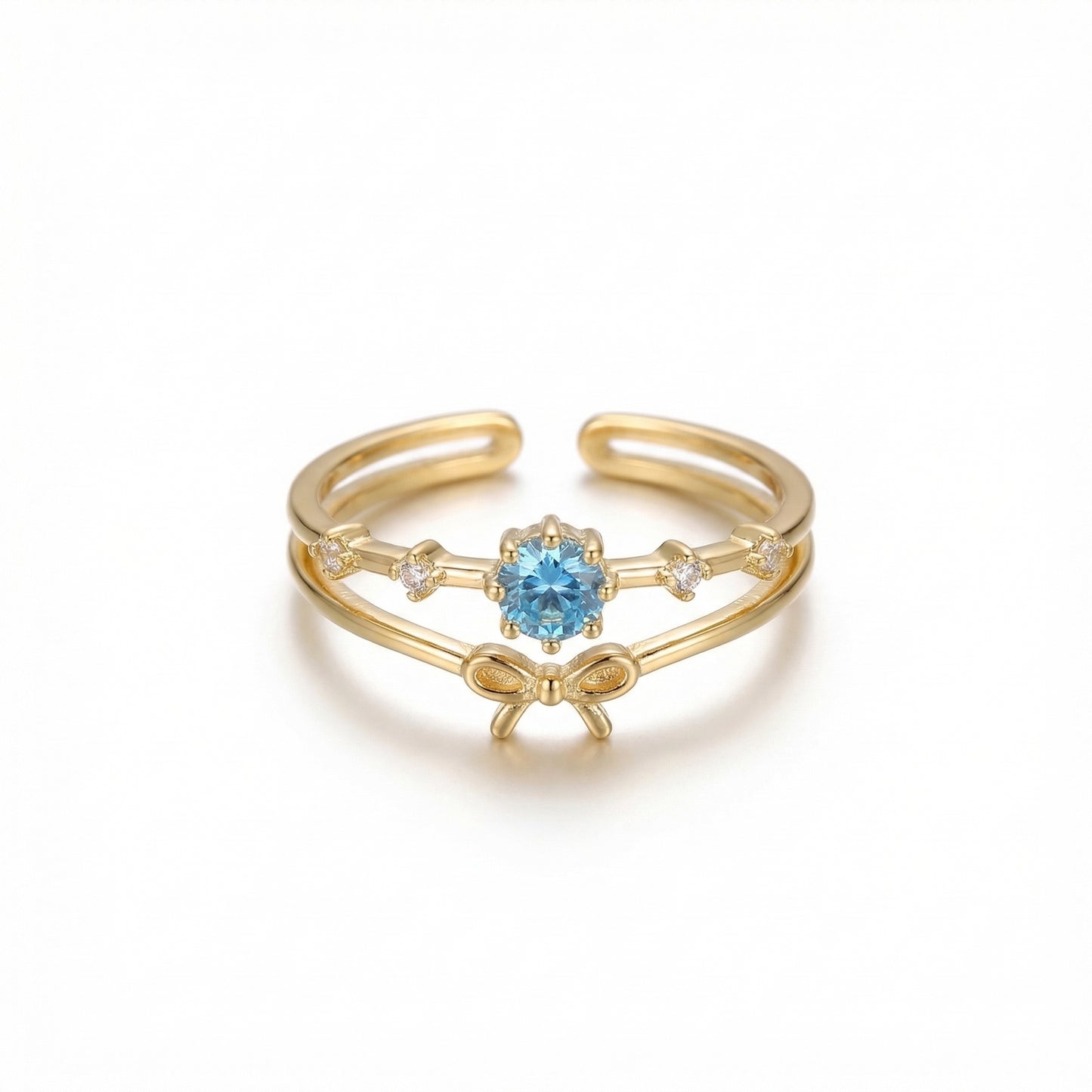 Double Band Bowknot And Blue Zircon Adjustable Gold Plated Ring