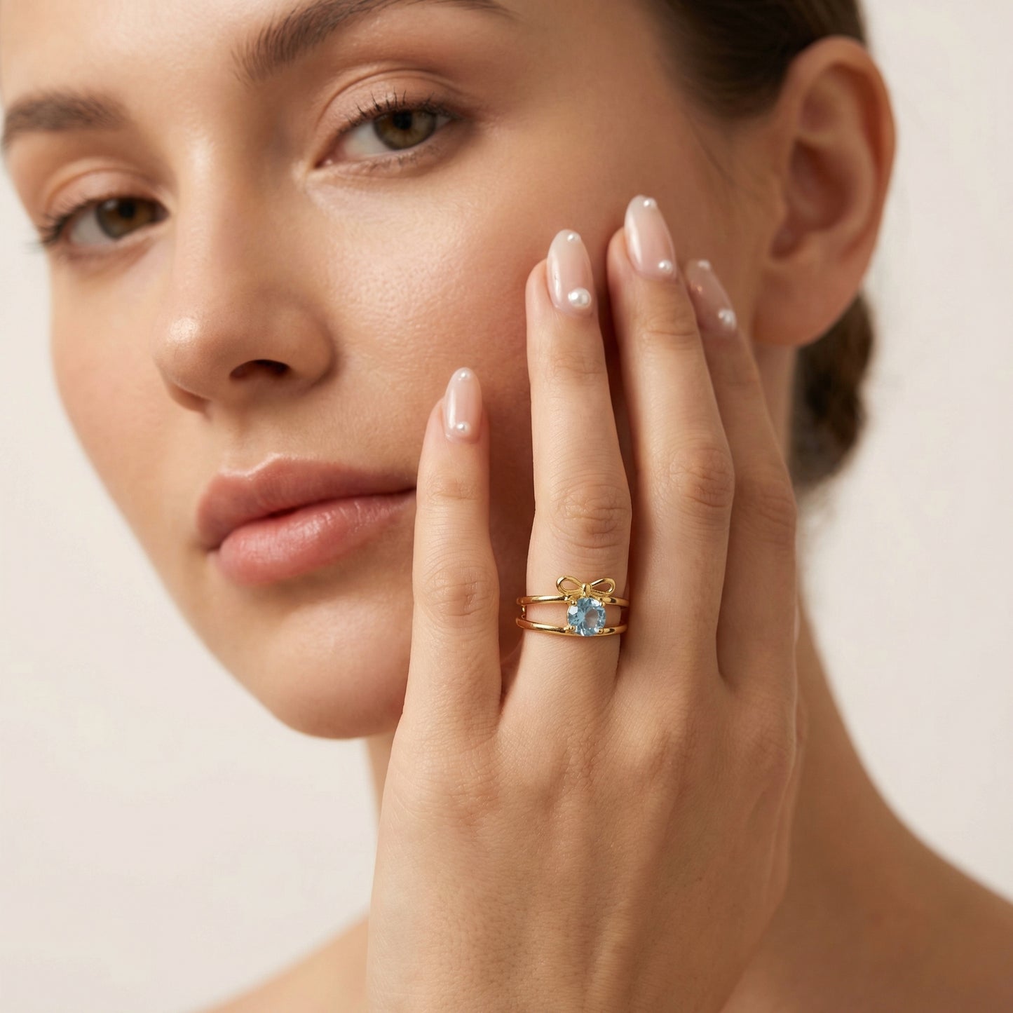 Double Band Bowknot And Blue Zircon Adjustable Gold Plated Ring