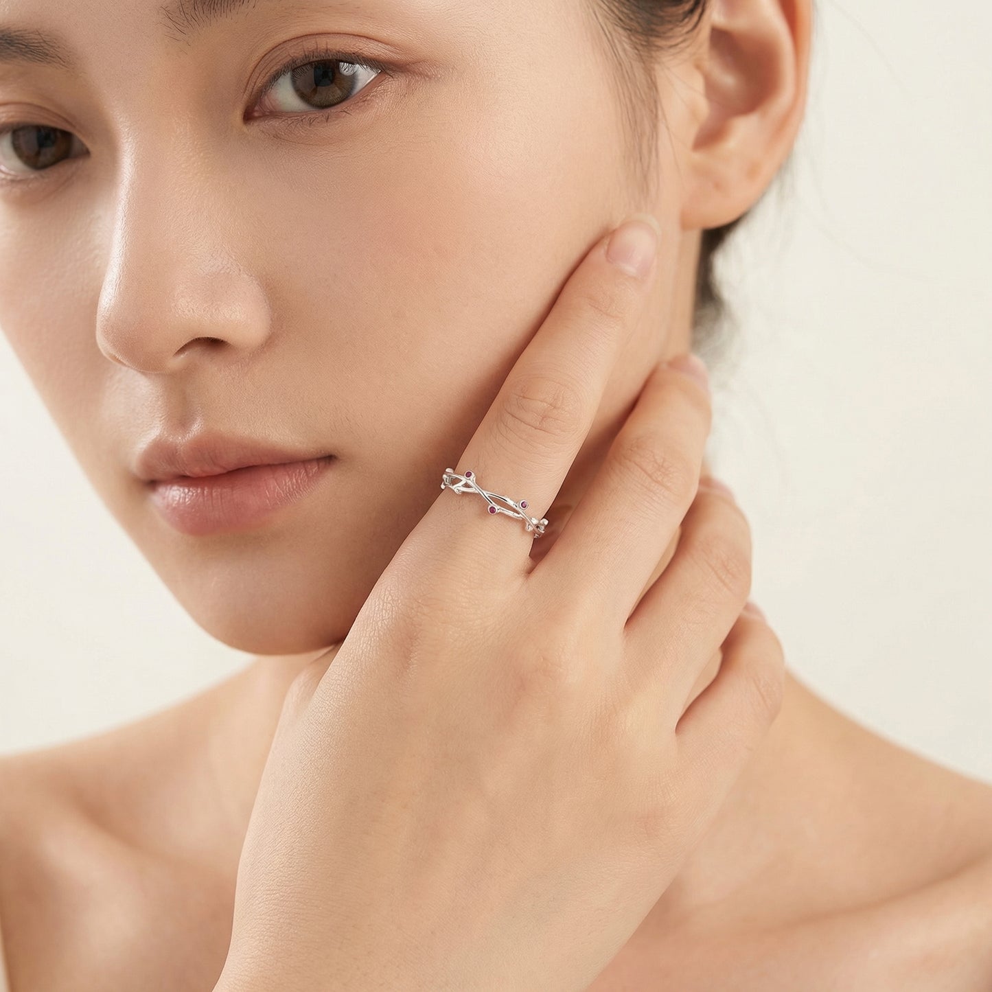 Delicate Botanical Vine Zircon Rhodium Sterling Silver Rings