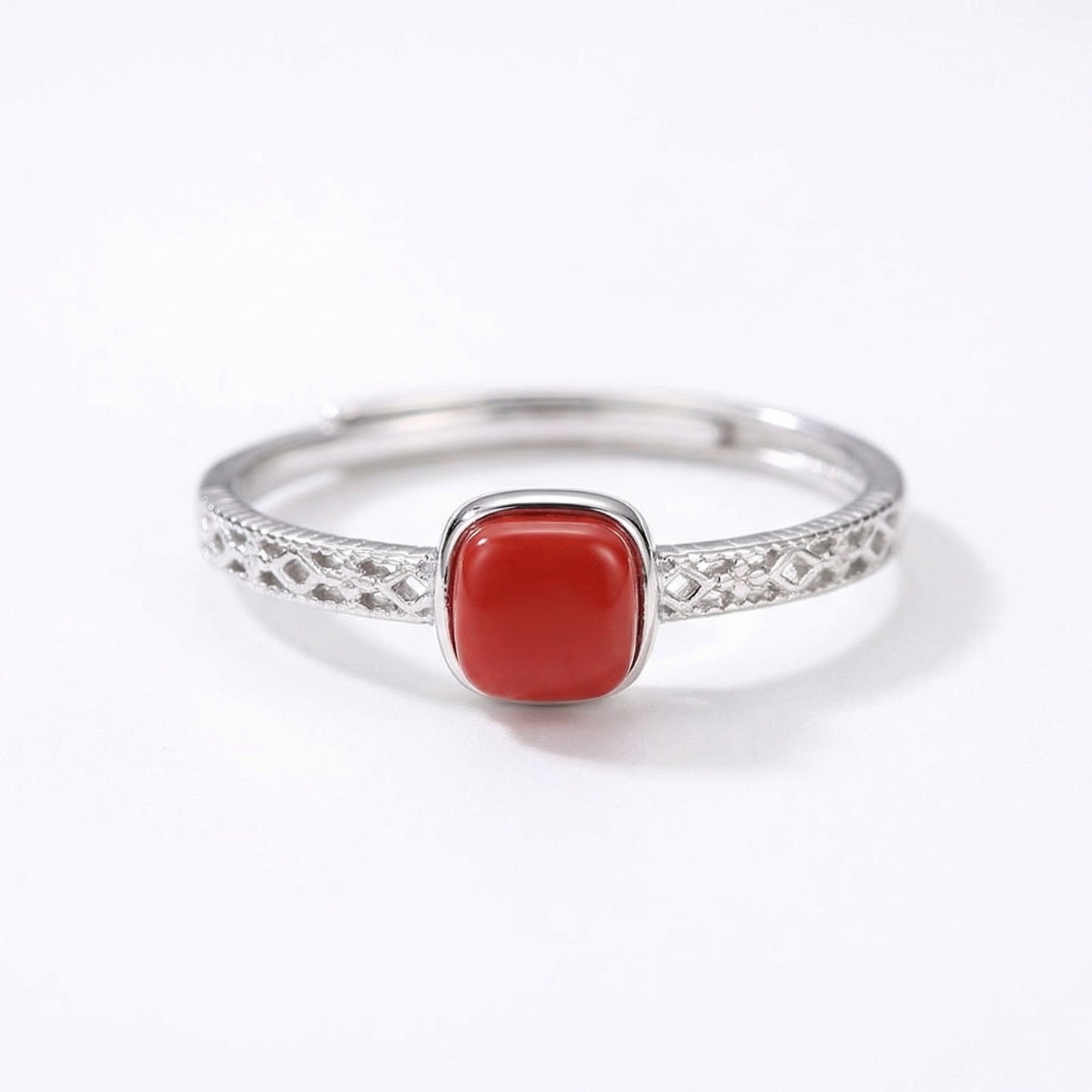 Vintage Square Cinnabar Adjustable Sterling Silver Rings