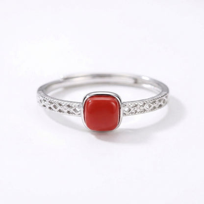 Vintage Square Cinnabar Adjustable Sterling Silver Rings
