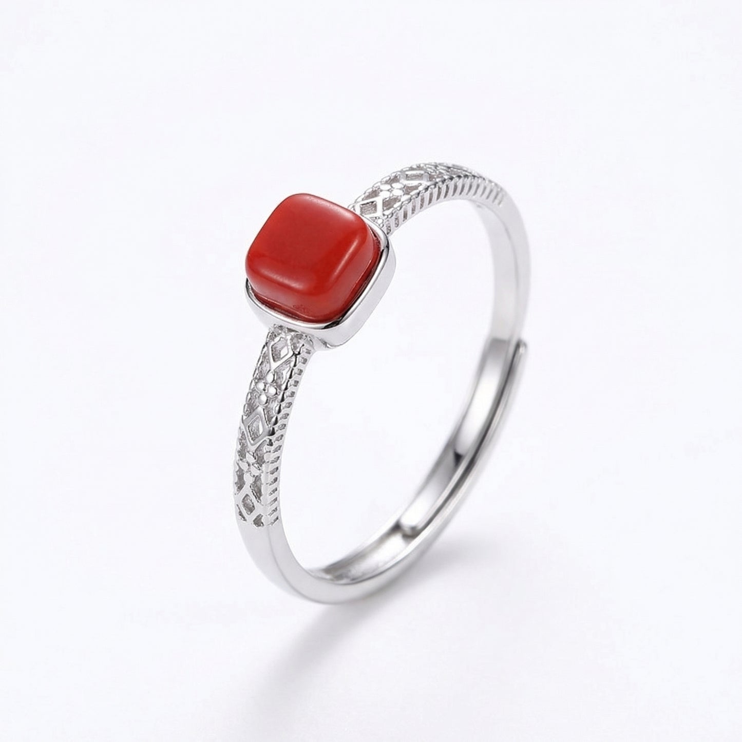 Vintage Square Cinnabar Adjustable Sterling Silver Rings